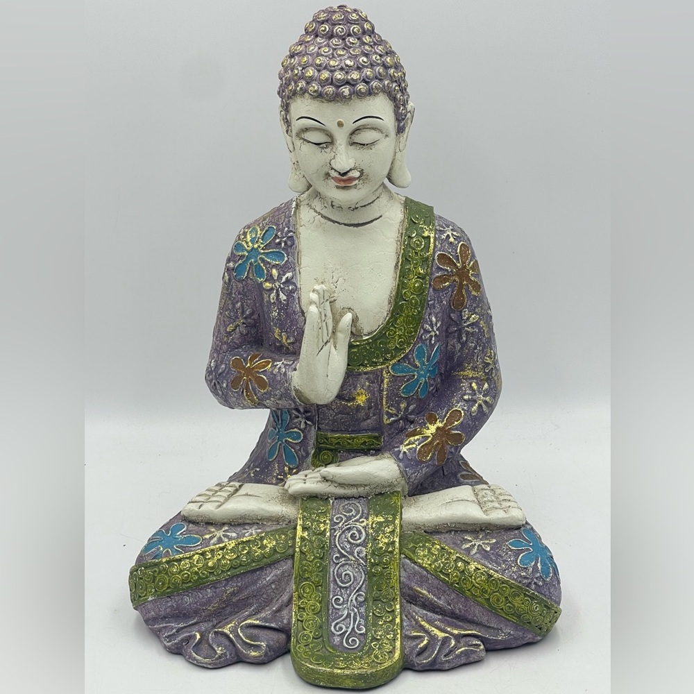 VTG Hand Crafted Meditation Buddha Sculpture in Purple & Green Traditional Robe